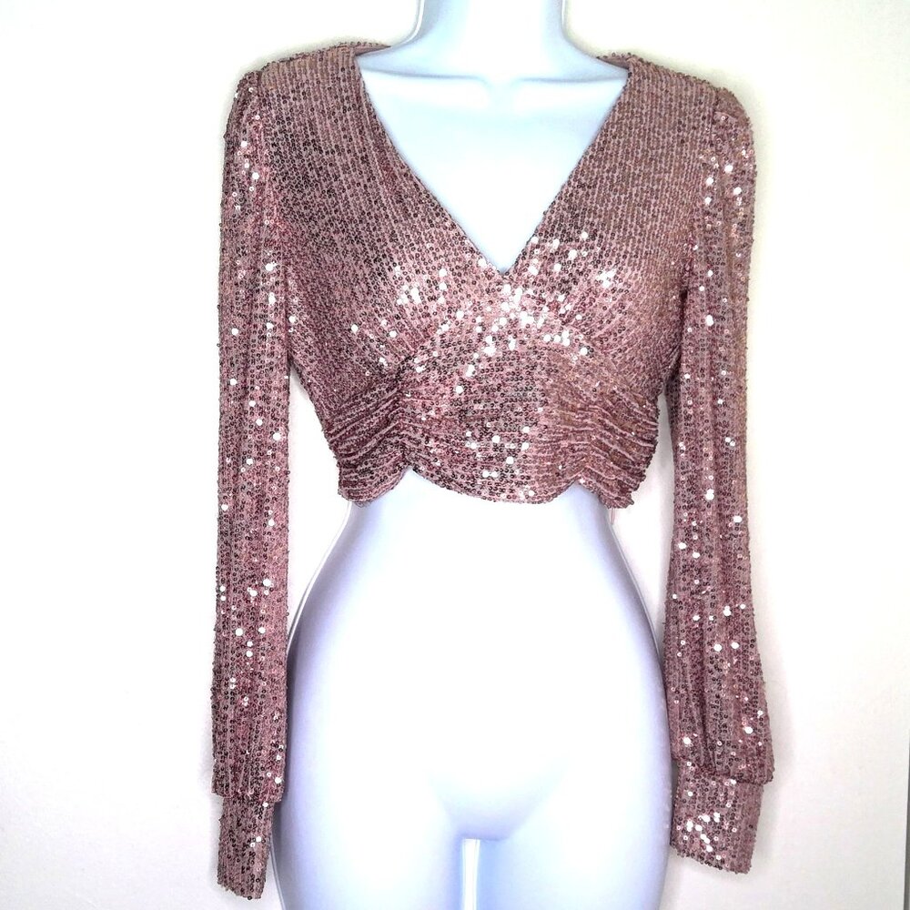 Sincerely Jules Sequin Crop Top Mauve Pink & Rose Gold Long Sleeve V-Neck Sz S